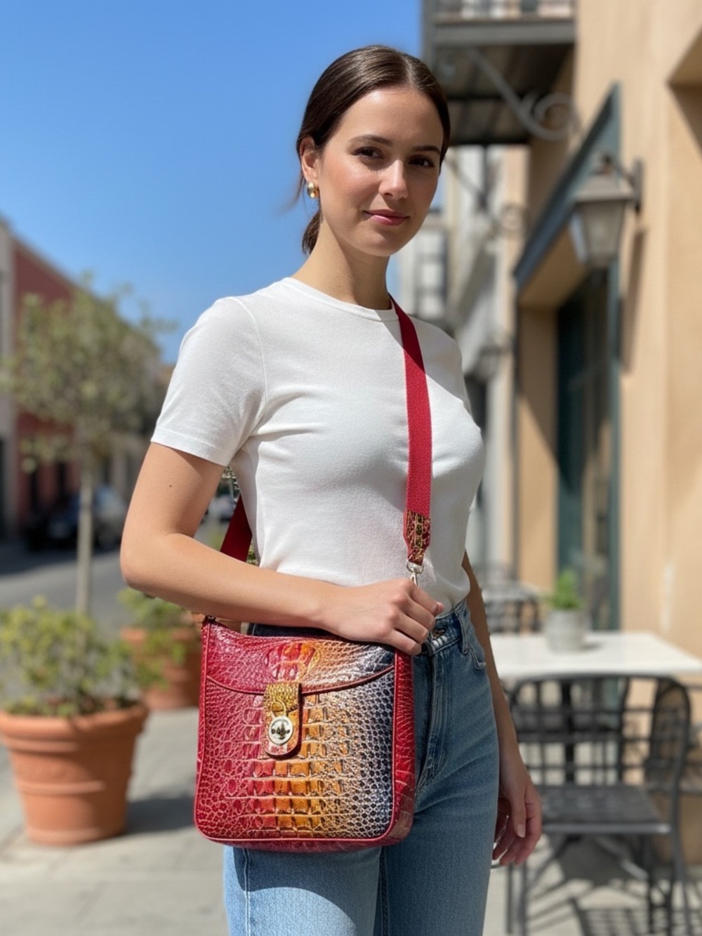 Burgundy Croc Embossed Crossbody Bag Adjustable Strap Glossy Multicolor